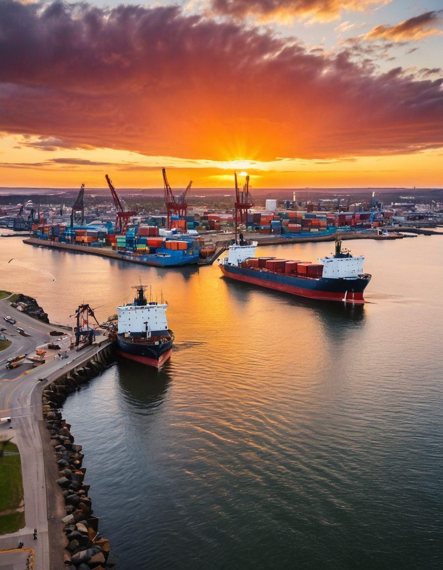 An aerial view of Duluth's bustling harbor, showcasing large cargo ships and tugboats navigating through the water. In the foreground, a vibrant display of maritime activity with cranes and containers, set against a backdrop of the city skyline. Incorporate a sunset casting golden hues over the water, reflecting the maritime culture. Add subtle details like seagulls and fishermen along the shoreline to enhance the scene. super-realistic. vibrant colors. aerial perspective.