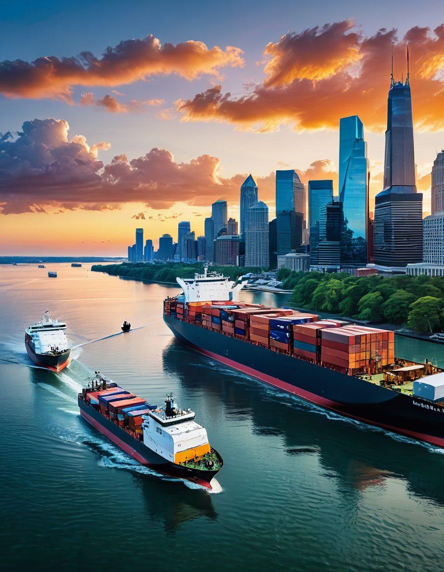 A futuristic view of Great Lakes shipping, showcasing advanced ships navigating through crystal-clear waters, surrounded by lush greenery and urban skylines. Incorporate elements like drones overseeing operations, robots handling cargo on the docks, and smart technology displays on ships. The sky is vibrant with a sunrise, hinting at new possibilities, while textual overlays display key trends and challenges. super-realistic. vibrant colors. 3D.