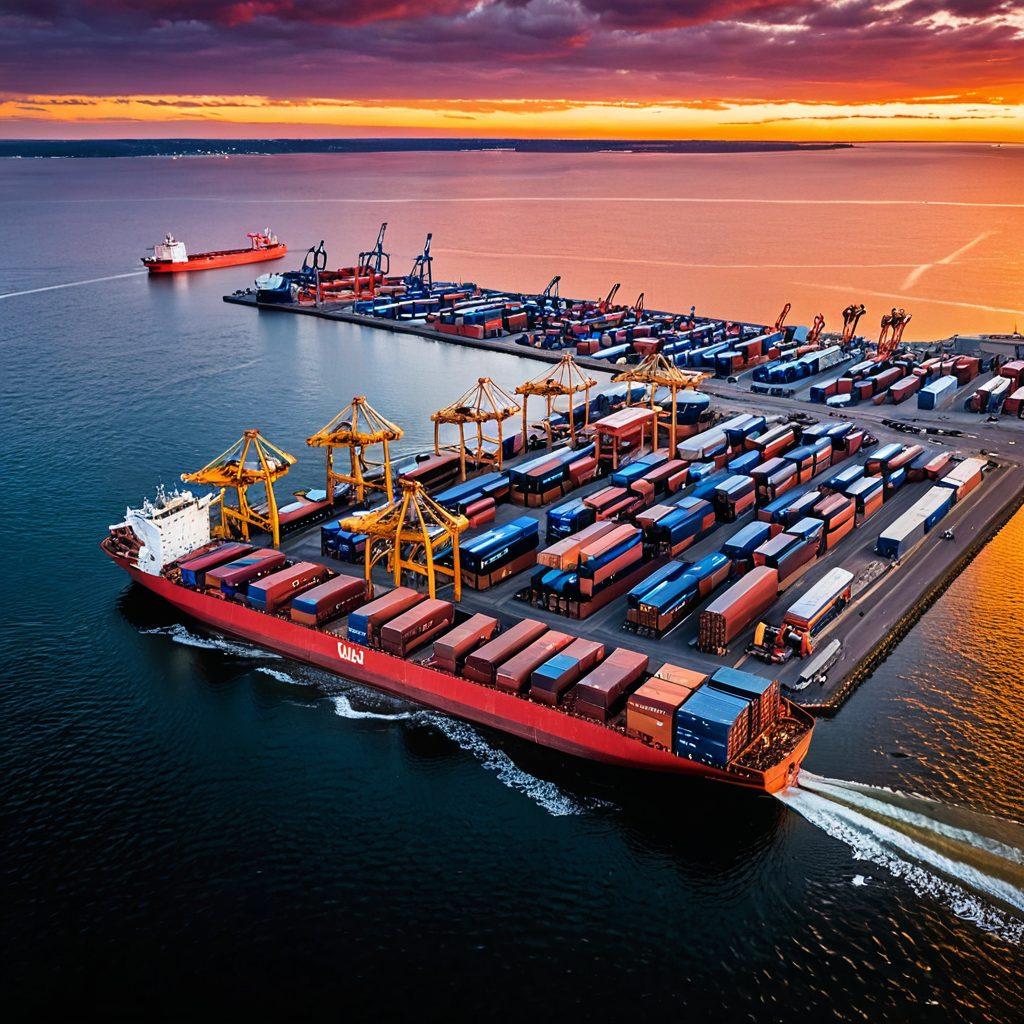 A dynamic aerial view of Duluth's bustling harbor, showcasing container ships being loaded and unloaded, cranes in action, and bustling workers. The backdrop should highlight the natural beauty of Lake Superior with a vibrant sunset casting warm hues on the water. Include elements of modern logistics technology like digital screens and drones. Aim for a sense of activity and progress, symbolizing the importance of maritime logistics. super-realistic. vibrant colors. 3D.